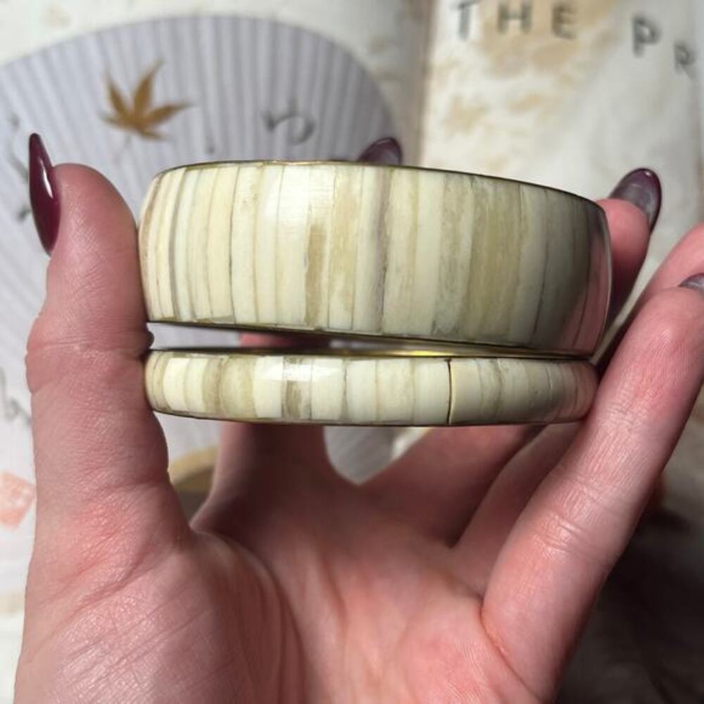 Vintage Boho Bohemian White Bone ? and Brass Bangle Bracelet Set